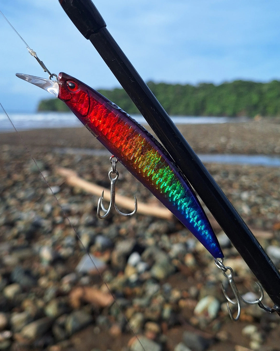 Rainbow colored jerkbait fishing lure with estury and beach in the background.