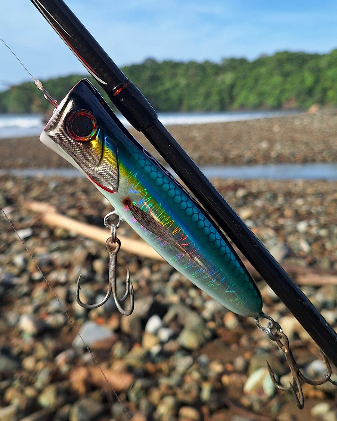 Green blue and silver roosterfish popper fishing lure.