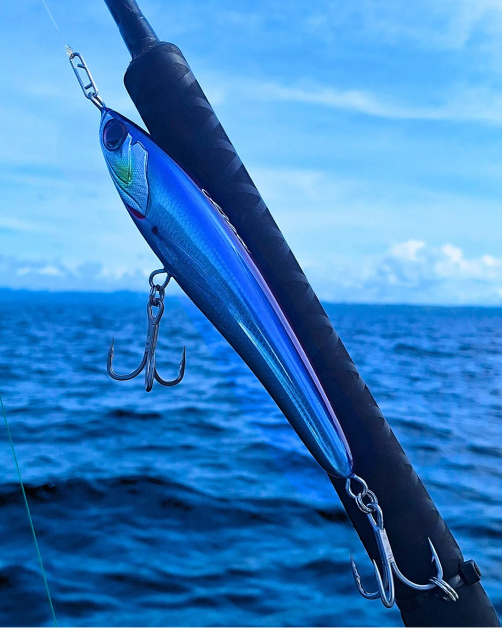 Big blue and silver handmade tuna fishing lure.