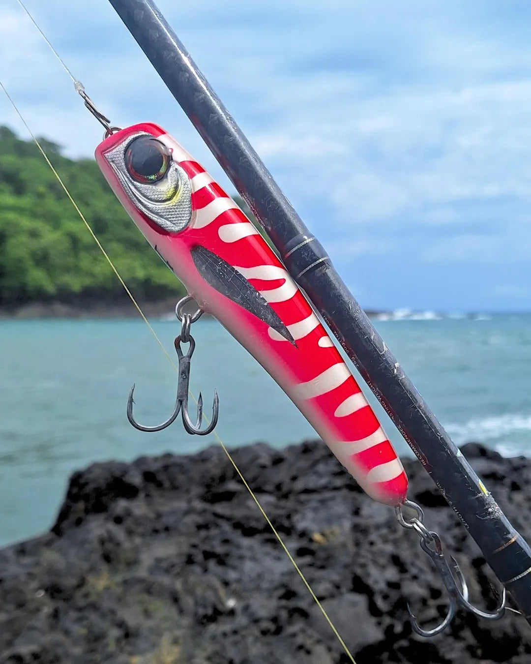 Red and white striped timber diving popper lure on a fishing rod