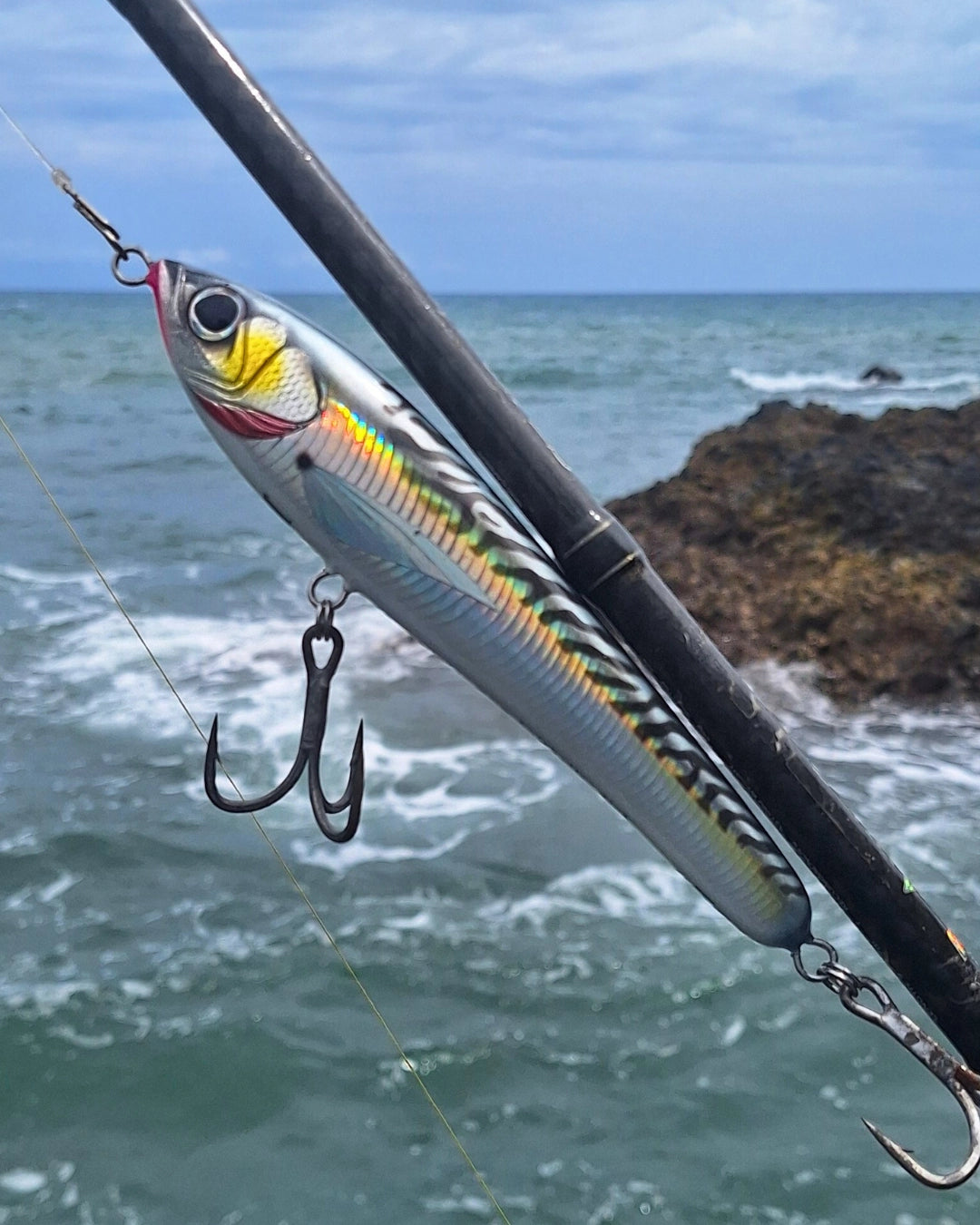 Wooden hand made floating stickbait with ocean in th e background.