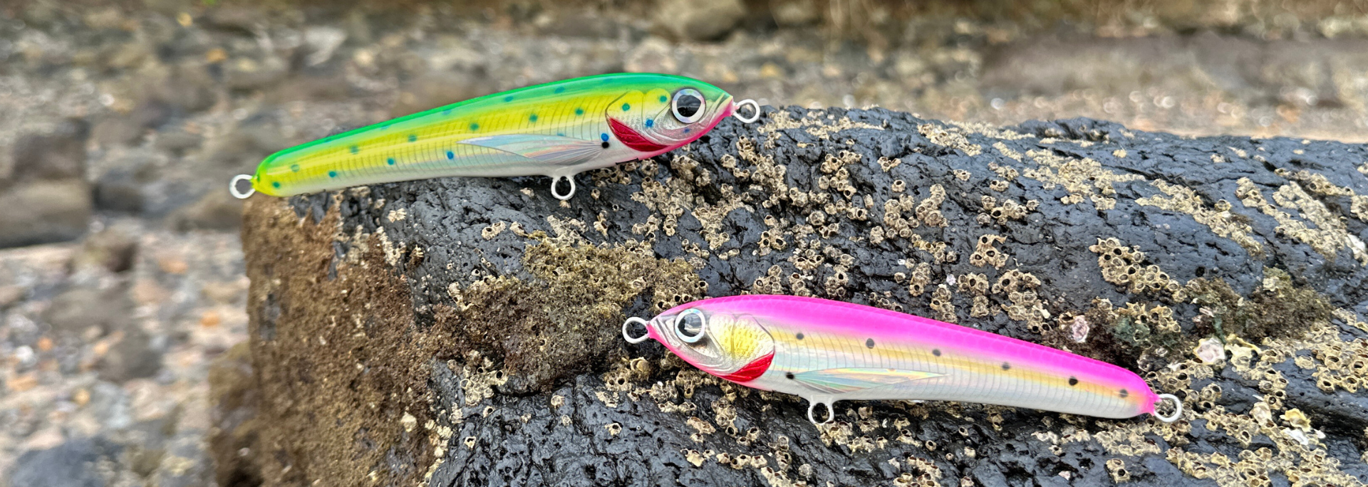  2floating handcrafted timber floating stickbaits, one in mahi mahi and one in pink and white colorways.